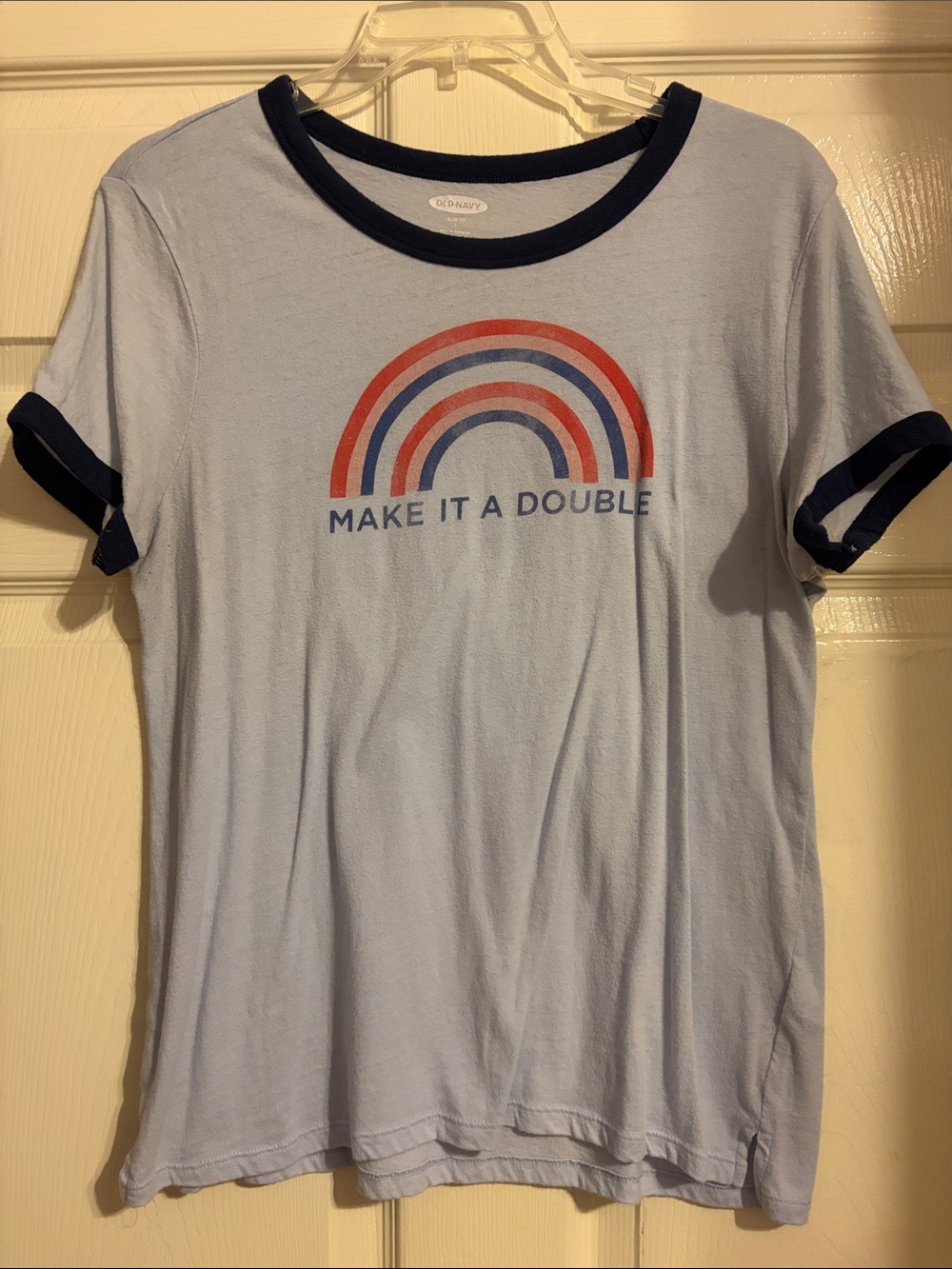 Old Navy Light Blue Ringer Tee with Navy Trim and Rainbow Graphic